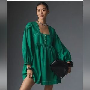 NWT- Anthropologie LONG-SLEEVE SQUARE-NECK DENIM BABYDOLL MINI DRESS IN GREEN